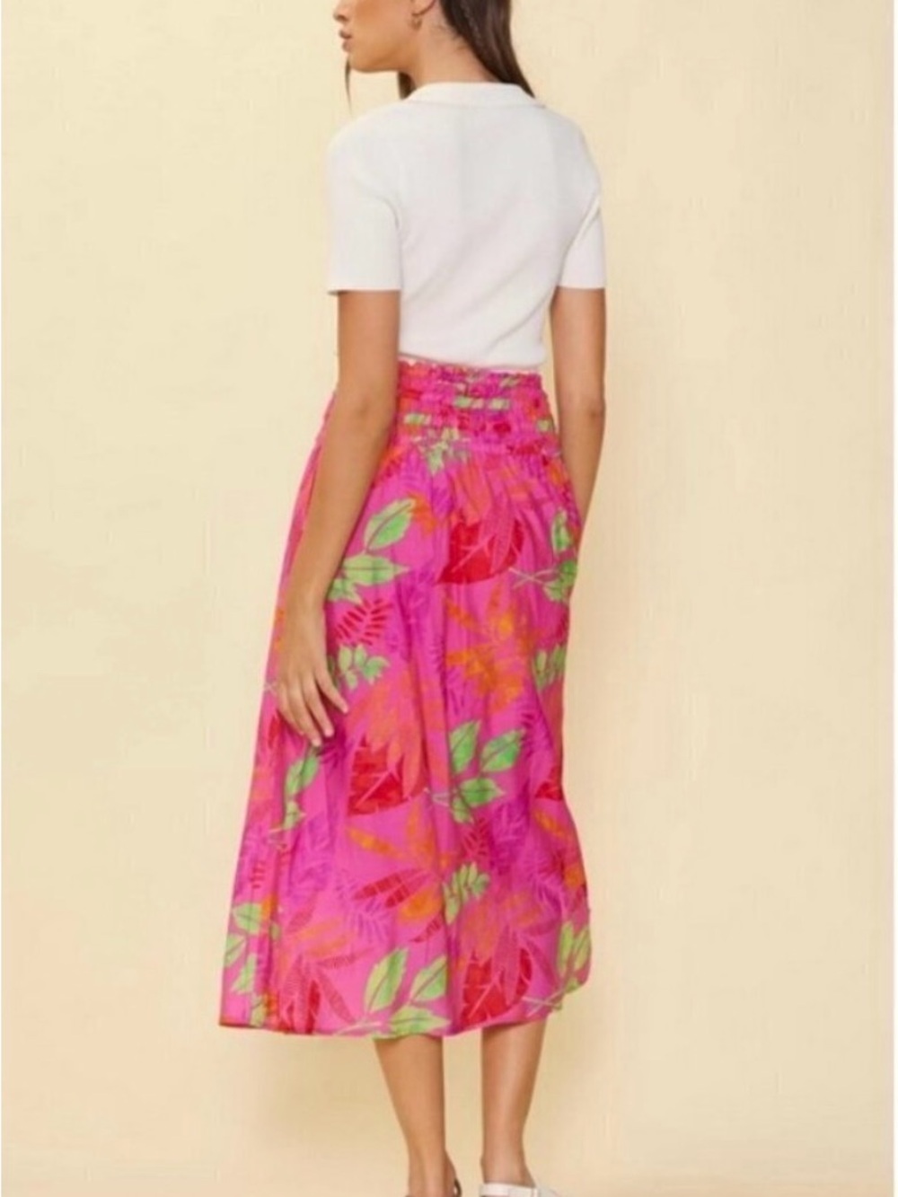 Skies Are Blue Hot Pink Tropical Midi Skirt with Green & Orange Leaf Print